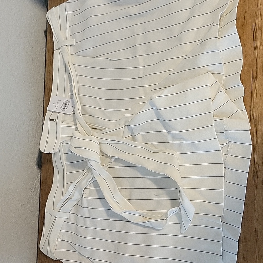LOFT Cream and Black Pinstripe Tie-Waist Shorts
